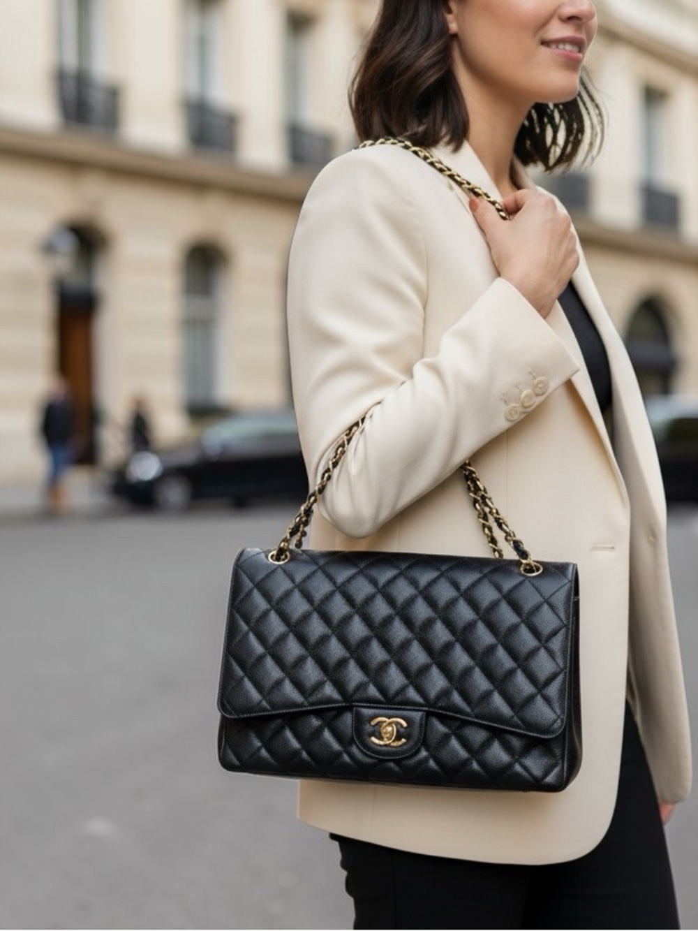 CHANEL Maxi Single Flap Black Caviar Quilted Double Chain Shoulder Bag